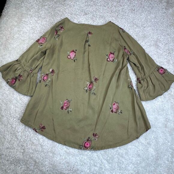 John Mark Olive Green Floral Embroidered Blouse Ruffle Bell Sleeve - Picture 2 of 9